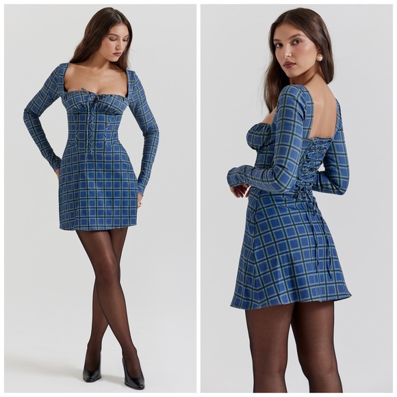 House of CB Dresses & Skirts - House of CB Malika Blue Tartan Corset Mini Dress Size M NWT